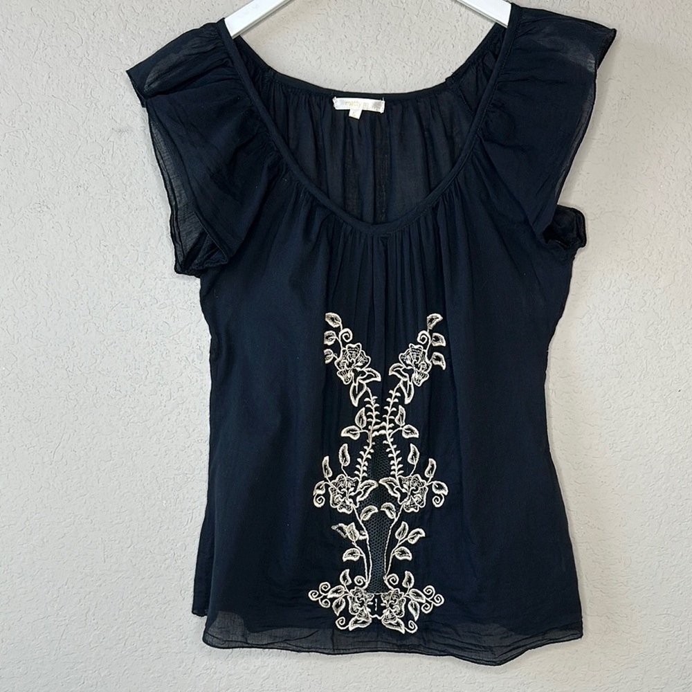 Matty M Black Tan Embroidered Ruffle Sleeve Sheer Black Crew Neck Top Size Small